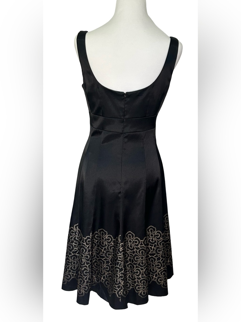 Nine West Black Satin Embroidered Midi Dress Fit Flare Cocktail Party 6 8 Event - Picture 5 of 11